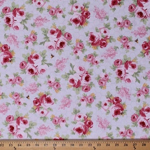 Cotton Roses Bees Honeybees Flowers Floral Pink Tea Rose Honeycomb Hexagons Fidelia Light Purple Spring Fabric Print by the Yard D674.51