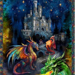 May include: A fantasy art print showcasing a grand castle beneath a starry night and crescent moon. The image features three dragons: one with rainbow wings, a red one, and a green dragon exhaling fire. The artwork is highly detailed and vibrant in style.