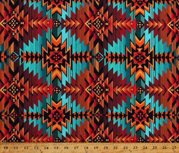 Cotton Southwestern Stripe Geometric Tribal Teal Orange Rust Red Cotton Fabric Print by the Yard (WEST-CD7510-TEAL) D462.76