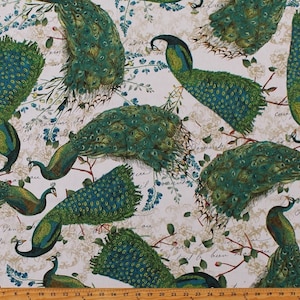 Cotton Peacocks Birds Feathers Plumes Plumage French Script on Beige Peacock Arbor Cotton Fabric Print by Yard (WA-4022-5C-1BEIGE) D783.52