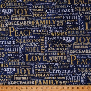 Cotton Holiday Greetings Words Winter Festive Gold Metallic on Blue Stonehenge Christmas Joy Cotton Fabric Print by the Yard D404.07
