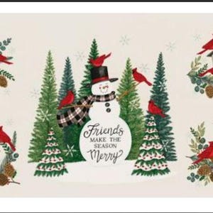 24&quot; X 44&quot; Panel Winter Friends Deb Strain Christmas Snowman Cardinals Pine Trees Snowy Moda Fabrics White Cotton Fabric Panel D604.20