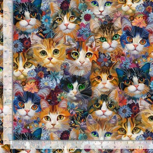 May include: A vibrant fabric design featuring a collage of cat faces in various colors and patterns. The cats are surrounded by colorful flowers, creating a whimsical and artistic pattern. The cats have different eye colors, including green, blue, and yellow.