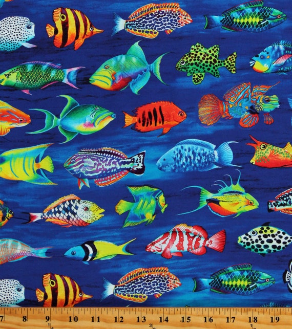Cotton Fish Coral Canyon Water Ocean Aquatic Animals Blue Cotton Fabric  Print by the Yard (AQCD-19904-60-PACIFIC) D388.64