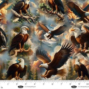 Cotton Wilderness Song Digital Print Brown Majestic Bald Eagle Mountain Forest Cloud Blank Quilting Fabric Print by Yard (4179-39) D476.71