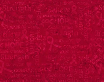 Cotton Bali Batik Breast Cancer Words Ribbons Stronger Together Hoffman California Fabrics Red Cotton Batik Fabric Print by the Yard D178.34