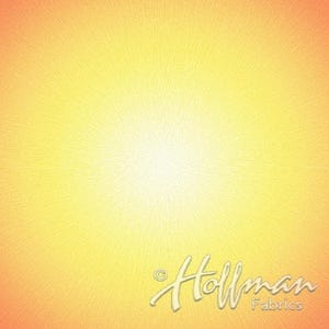 May include: A vibrant fabric design featuring a radiating pattern in shades of yellow and orange, creating a sunburst effect. The Hoffman Fabrics logo is visible in the lower right corner.