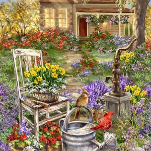 May include: A painting of a quaint cottage with a lush garden featuring a white wooden chair, a watering can, a well pump, and two red cardinals. The garden is filled with colorful flowers, including lavender, daffodils, and hydrangeas.