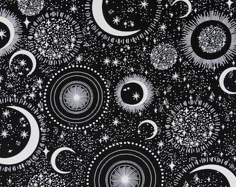 Cotton Glowing Moons and Stars Space Sky Night Galaxy Glow in the Dark Black Cotton Fabric Print by the Yard (FUN-CG7431-BLACK) D475.88