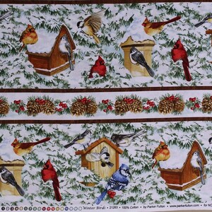 Cotton Winter Birds Cardinals Blue Jays Chickadees Birdhouses Snow Pine Trees (4 Parallel Stripes) Cotton Fabric Print by the Yard D759.10