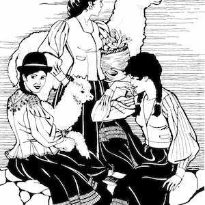 May include: Black and white illustration of three women and two llamas. The women are wearing traditional clothing and are holding the llamas. The image is set against a background of a striped pattern.