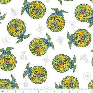 May include: White fabric with a repeating pattern of yellow and blue FFA emblems, each featuring an eagle and the words "Agricultural Education." The design includes small, gray agricultural icons. The pattern repeats across the fabric.