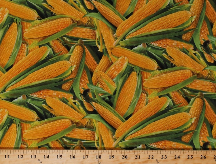 Cotton Food Festival Yellow Corn on the Cob Vegetables Veggies Cotton Fabric Print by the Yard (435-yellow) D564.26