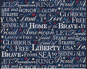 Cotton Stars and Stripes Patriotic Words on Navy 4th of July American USA Freedom Northcott Navy Cotton Fabric Print by the Yard D305.70