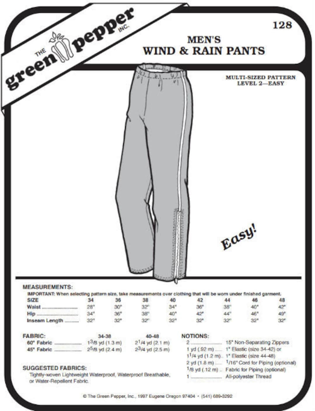 Adult Wind & Rain Pants Pattern - 128 - The Green Pepper Patterns Adult Wind & Rain Pants Pattern - 128 - The Green Pepper Patterns