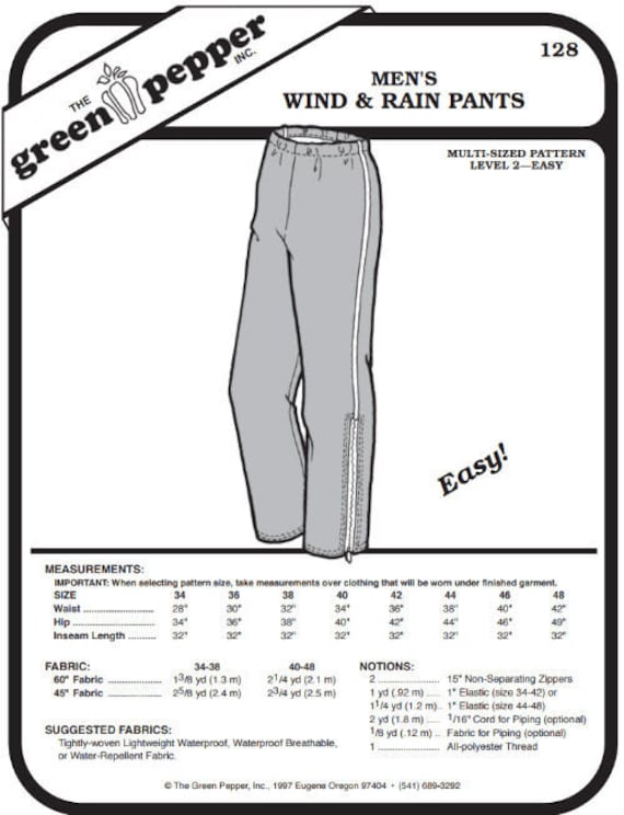 Adult Wind & Rain Pants Pattern - 128 - The Green Pepper Patterns Adult Wind & Rain Pants Pattern - 128 - The Green Pepper Patterns