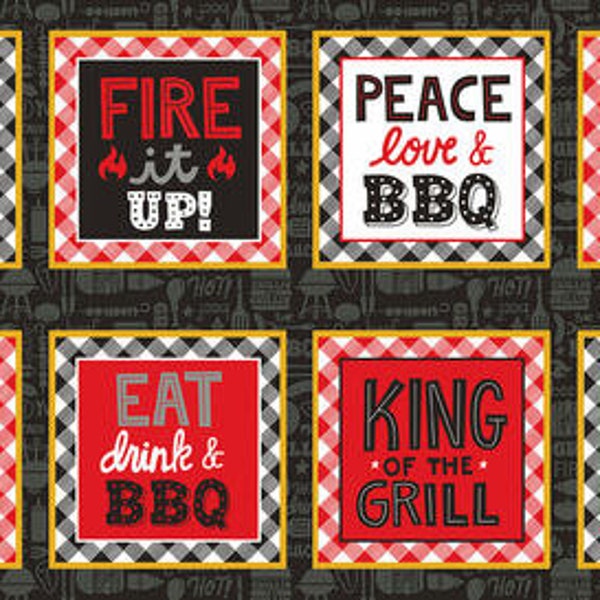 24" X 44" Panel BBQ Blocks Squares Grilling Food Cooking Barbecue Peace Love & BBQ Cotton Fabric Panel (9505-98) D587.78