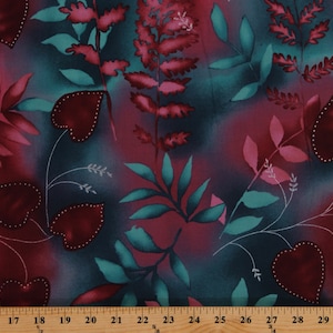 Cotton Large Scale Floral Hearts Leaves Magenta Turquoise with Silver Metallic Shimmer Valentines 58&quot; Wide Fabric Print by the Yard D464.34