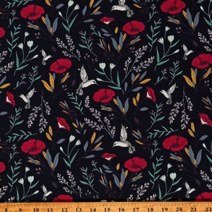 Cotton Mystical Land Hummingbirds Flowers Floral Garden Spring Midnight Blue Cotton Fabric Print by the Yard (MSL-23968) D690.95