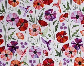Cotton Poppy Field Poppies Flowers Floral Hummingbirds Spring Sunday White Cotton Fabric Print by the Yard (D90629-10) D582.83