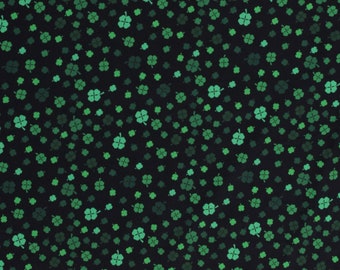 Cotton St. Patrick's Day Shamrocks Four-Leaf Clovers Lucky Charms Green on Black Cotton Fabric Print by the Yard (120959) D563.68