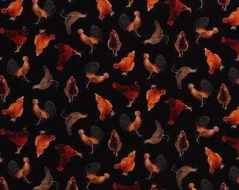Cotton Timeless Treasures Chickens Roosters Hens Farm Animals Birds Black Cotton Fabric Print by the Yard D372.63