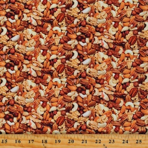 Cotton Mixed Nuts Almonds Cashews Pecans Walnuts Peanuts Snacks Kitchen Food Festival Cotton Fabric Print by the Yard (655MULTI) D570.99