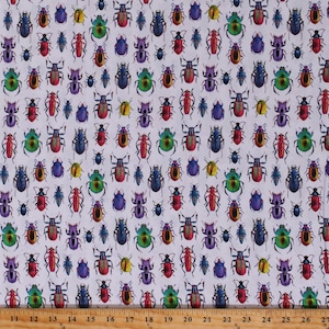 Cotton Bugs Insects Bettles Colorful Animals Creepy Crawlers White Cotton Fabric Print by the Yard (52857D-1) D584.56