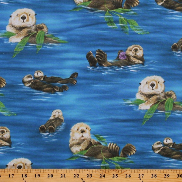 Cotton Sea Otters Playing Cute Animals Ocean Nature Blue Cotton Fabric Print by the Yard (SRKD-6745-268NATURE) D371.47