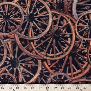 Cotton Old Wagon Wheels Allover Wooden Country Rustic Cotton Fabric Print by the Yard (R4691-700RUSTY) D505.42