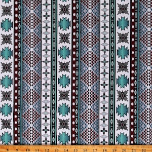 May include: White fabric with a repeating pattern of teal, gray, and burgundy geometric shapes. The fabric has a striped design with a variety of geometric patterns.