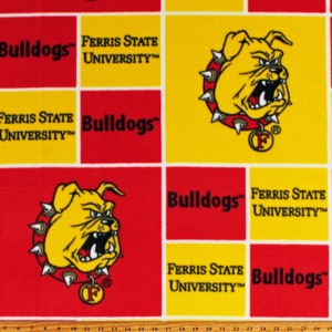May include: Red and yellow fabric with a repeating pattern of a bulldog mascot, the words "Bulldogs" and "Ferris State University".