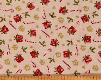 May include: A cream-colored fabric with a repeating pattern of red and white candy canes, red gift boxes with white polka dots, green holly leaves, and gold snowflakes.