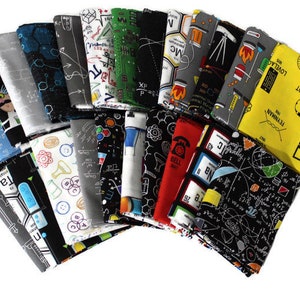 May include: A collection of 18 fabric squares featuring science-themed patterns. The patterns include scientific formulas, lab equipment, and the periodic table. The fabrics are in various colors, including black, white, blue, red, green, and yellow.