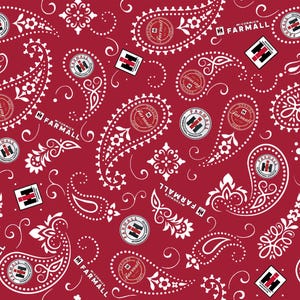May include: Red bandana with a white paisley pattern and various McCormick Farmall logos. The logos include the brand name and a stylized emblem. The design is repeated across the fabric.