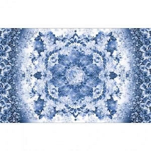 May include: A rectangular textile featuring a symmetrical floral design in shades of blue and white. The central pattern is a large, stylized flower surrounded by smaller blooms. The edges have a border of dense floral arrangements.