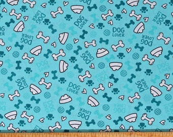 Cotton Dog Bones Food Bowls Dishes Pawprints Dogs Pets Animals Dog Lover Aqua Spotty Cotton Fabric Print by the Yard (108465) D760.40