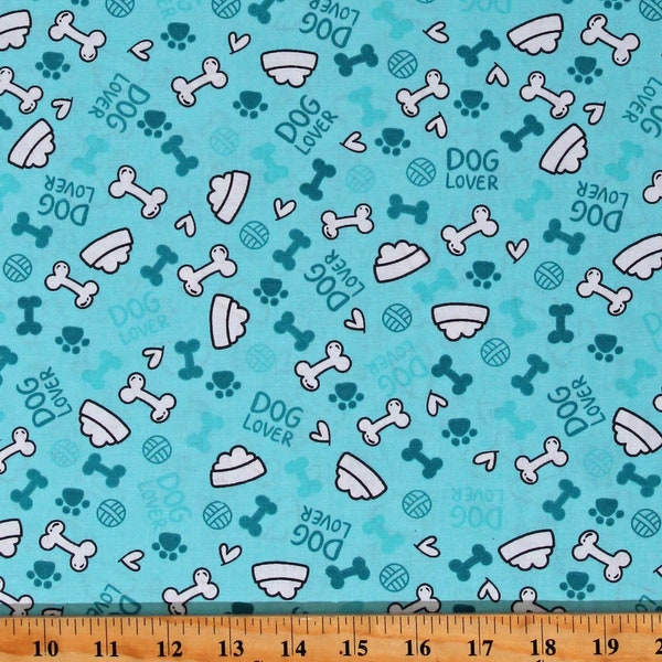 Cotton Dog Bones Food Bowls Dishes Pawprints Dogs Pets Animals Dog Lover Aqua Spotty Cotton Fabric Print by the Yard (108465) D760.40