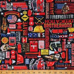 Cotton Firefighters Equipment and Text Words Gear Fire Trucks Fireman Emergency Rescue Black Cotton Fabric Print by the Yard D694.61