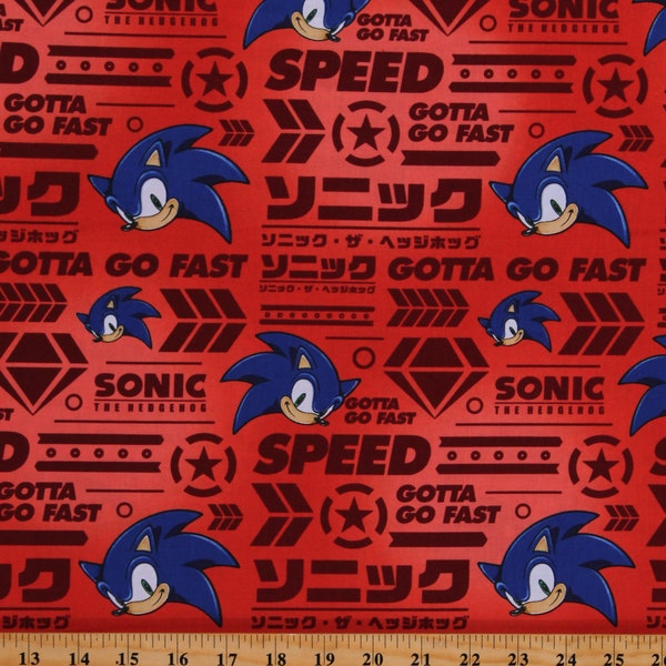 Cotton Sonic the Hedgehog Gotta Go Fast Speed Kids Video Games Red Cotton Fabric Print by the Yard (AXX-73951-3RED) D476.52