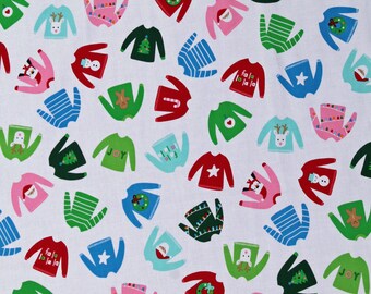 Cotton Christmas Ugly Sweaters Girl Friends Holiday Party White Cotton Fabric Print by the Yard (AAK-19292-1WHITE) D502.65