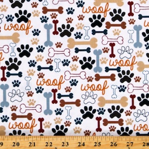 Cotton Dogs Pets Puppies Paw Prints Bones Woof Animals Cream Cotton Fabric Print by the Yard (DOG-C2372-CREAM) D693.48