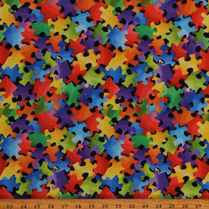 Cotton Colorful Puzzle Pieces Jigsaw Puzzles Multicolor Cotton Fabric Print by the Yard (GAIL-CD2613-MULTI) D767.80