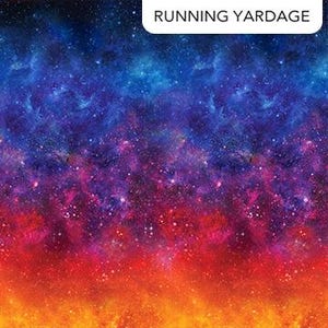 May include: A vibrant fabric with a galaxy design, featuring a blend of red, orange, purple, blue, and white colors. The fabric has a speckled pattern, resembling stars and nebulae. The text "RUNNING YARDAGE" is displayed in a white rectangle at the top.