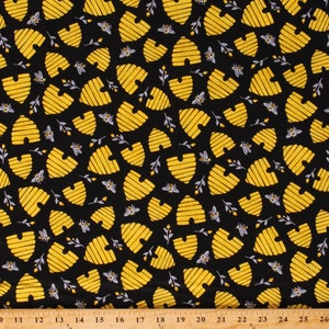 Cotton Bees Beehives Honey Black Cotton Fabric Print by the Yard (BEE-C8122) D383.39
