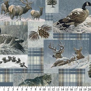 May include: A blue and white plaid fabric with images of a wolf, a deer, a goose, and an elk in a snowy winter scene.