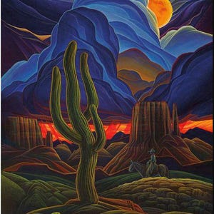 May include: A vibrant painting of a desert landscape at sunset. A large green cactus stands in the foreground, with a cowboy on horseback in the distance. The sky is filled with shades of blue, orange, and red, with a large orange sun.