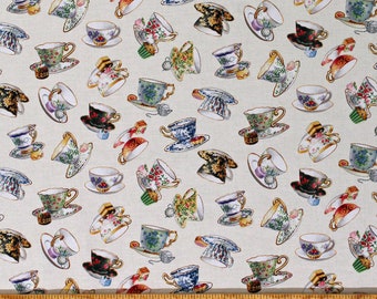 Cotton Teacups Tossed Cups and Saucers Mugs Tea Party Desserts Food Fancy Tea Cream Cotton Fabric Print by the Yard (34001CREAM) D567.03