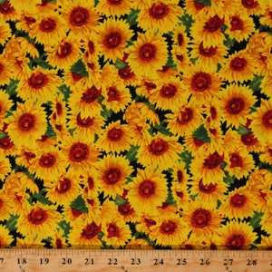 Cotton Sunflowers Bright Packed Flowers Floral on Black Fall Autumn Cotton Fabric Print by the Yard (10357) D768.69