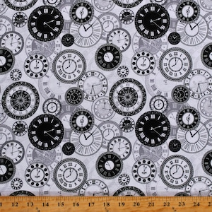 Cotton Clocks Time Vintage-Look Black Clocks on White Cotton Fabric Print by the Yard (1121-3068WHITE) D784.78